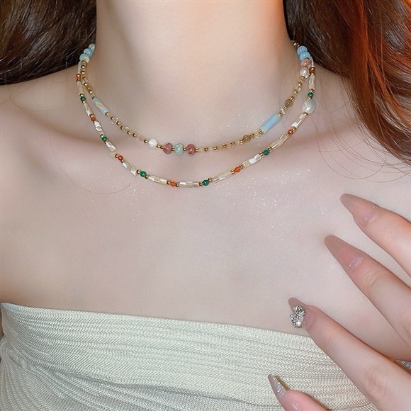 Colorful Seed Beads, Shell and Freshwater Pearl Necklace - Picture 5 of 8